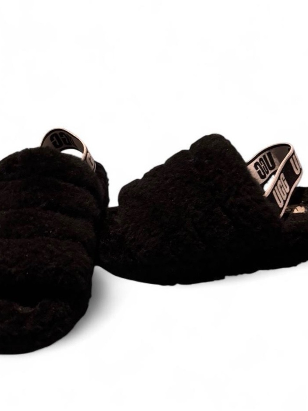 UGG “Fluff Yeah” Black Shearling Platform Slides Slippers
